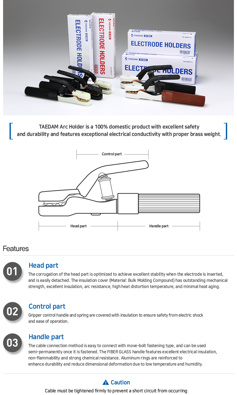 100% 국내 자체 생산 제품으로 안전성과 내구성이 탁월합니다.					
황동중량을 충분히 만족시킴으로써 전기전도율이 우수하며, 타 제품에 비해 온도상승률이 현저히 낮습니다.					
-머리부								
머리부의 골은 최적화된 설계를 통해 용접봉을 물렸을때 안정감이 뛰어나며, 착탈이 용이함.								
절연덮개(재질: Bulk Molding Compound)는 우수한 기계적 강도를 가지고 있고, 절연성과 내아크성이 뛰어나며, 열변형온도가 높고 열에 의한 노화가 적음.								
								
-조종부								
집게조종손잡이와 스프링은 절연물로 씌워져 감전으로부터 안전하며, 조작이 용이함.								
								
-손잡이부								
케이블 접속방식은 무두볼트 체결식으로 접속이 용이하고, 견고함으로써 한번 체결 시 반영구적으로 사용가능.								
FIBER GLASS 손잡이는 뛰어난 전기절연성, 불연성, 강한 내화학성이 특징임. 알루미늄 링을 보강하여 내구성을 높였으며, 온도나 습도에 따른 치수변형이 적음.								
								
주의 - 케이블 체결이 헐거우면 쇼트가 발생할 수 있으니 견고하게 체결해주시기 바랍니다.								